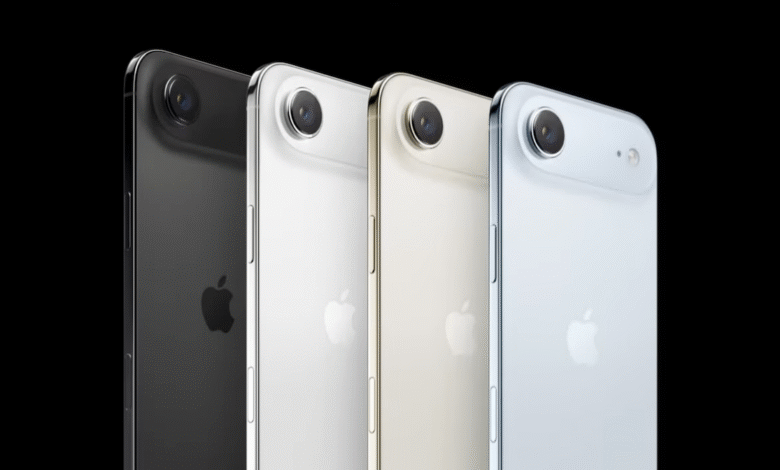 Four new iPhone models in black, white, gold, and light blue, shown from the back, highlighting their camera systems and Apple logo.