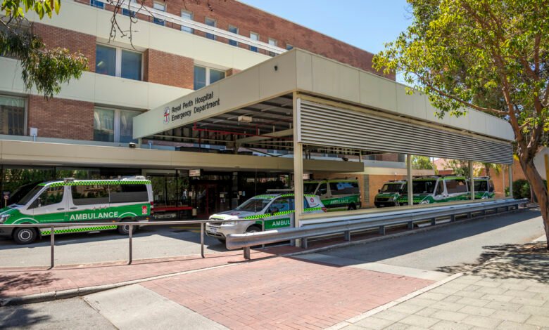 Ambulances parked outside Royal Perth Hospital's emergency department.