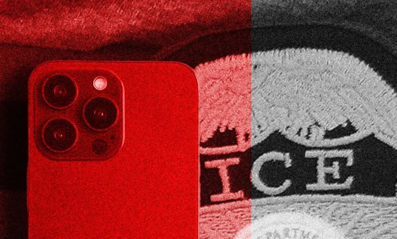 Red iPhone camera array juxtaposed with a grainy ICE logo, suggesting surveillance concerns.
