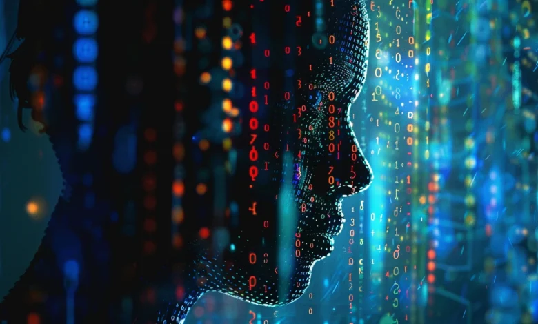 Abstract digital portrait formed from binary code, showcasing a profile view with vibrant blue, red, and orange hues.