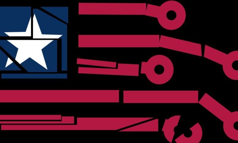 Abstract digital art depicting a fragmented American flag with circuit-like elements.