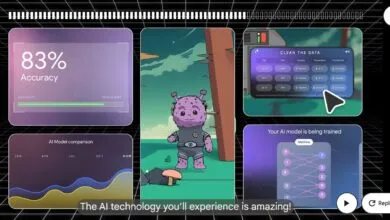 AI model training progress shown with charts, graphs, and a cute animated character. 83% accuracy achieved.