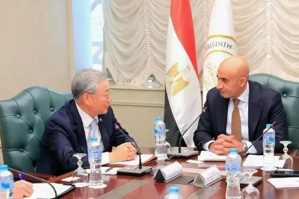 Two men in suits sit at a table, engaged in conversation. Egyptian and other flags are visible.
