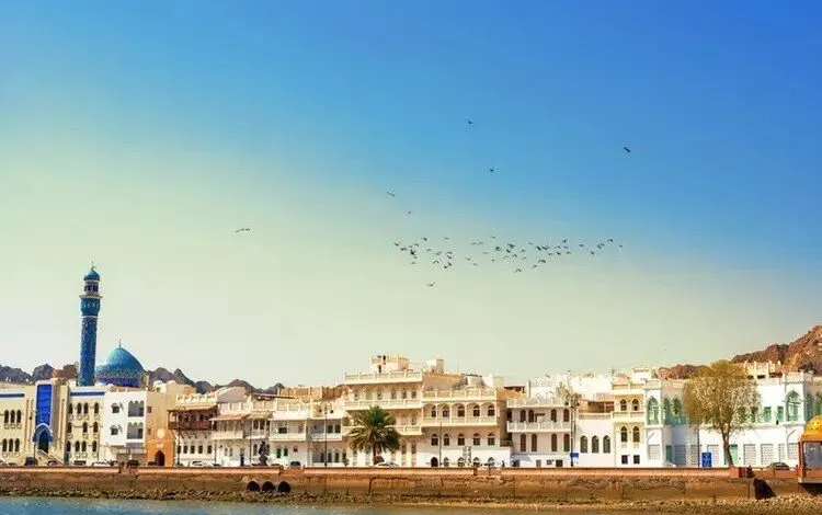 Waterfront view of Muscat, Oman, with traditional white buildings and a blue-domed mosque under a clear sky.