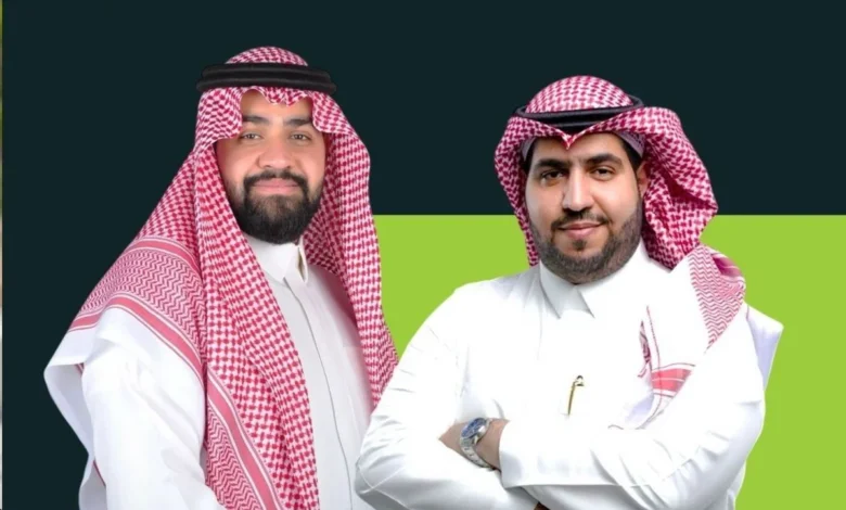 Two Saudi Arabian men in traditional dress, one with arms crossed, against a dark green and lime green background.