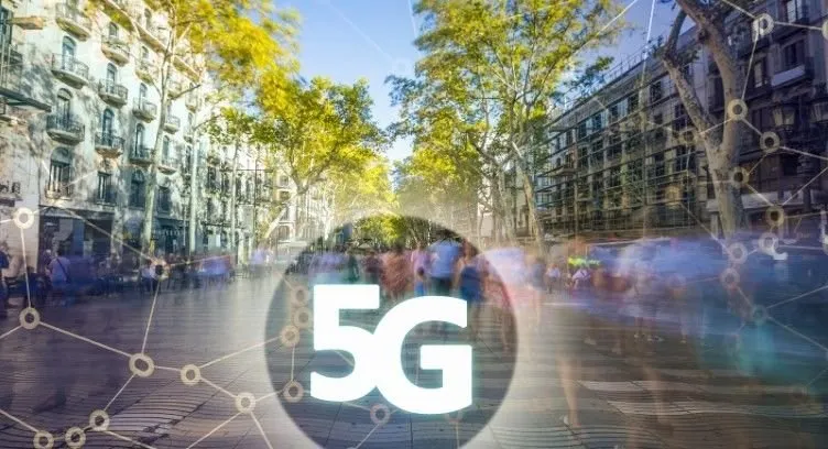 5G network overlay on a busy city street, showcasing fast connectivity in urban environments.