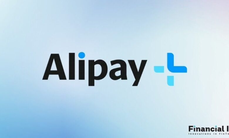 Alipay logo with a blue abstract design element. Financial IT tagline included.