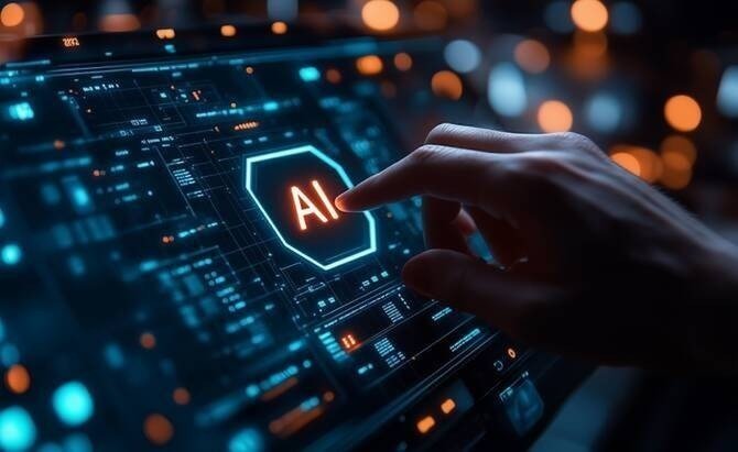 Hand interacts with a futuristic AI interface, glowing orange 'AI' in a blue digital display.