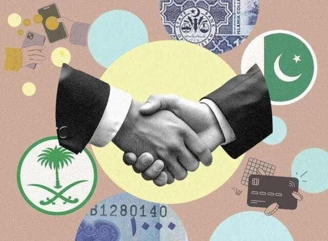 Handshake symbolizing international business deal, surrounded by digital payment icons and flags of Saudi Arabia and Pakistan.