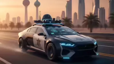 Futuristic police car with advanced technology driving on a highway at sunset.