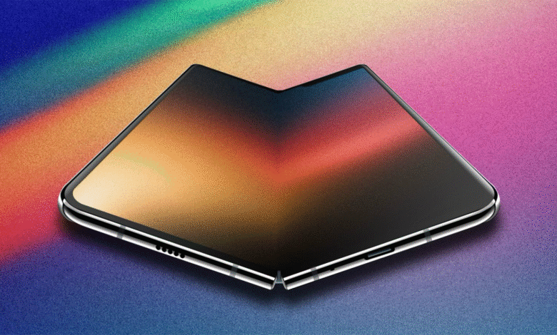 Foldable smartphone with a sleek design, partially open, showcasing its flexible screen and metallic hinge.