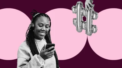 Woman smiles while using her phone, a hashtag balloon floats nearby. Pink and maroon background.