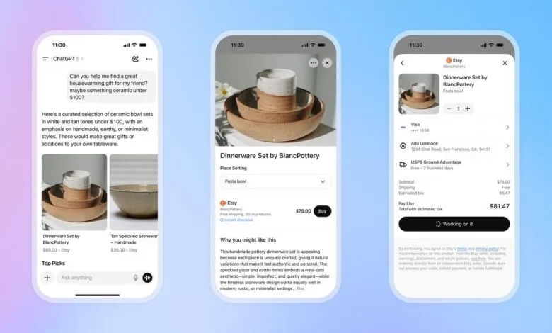 Mobile phone screen showing a ChatGPT conversation and an Etsy checkout page for a dinnerware set.