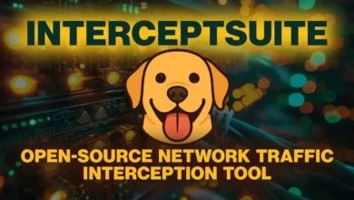 Interceptsuite logo: A friendly cartoon dog against a backdrop of network server lights, indicating an open-source network traffic interception tool.