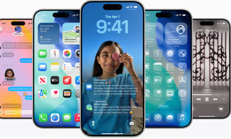 Multiple iPhone screens showcasing iOS interface updates, including widgets, messages, and music player.