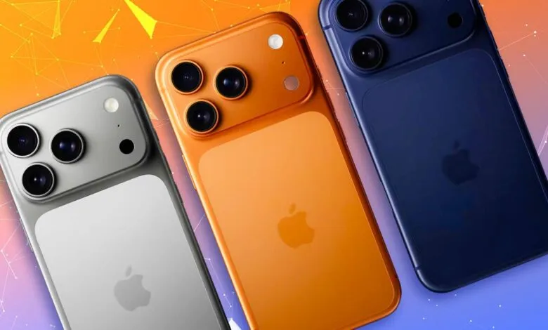 Three iPhone models in silver, orange, and blue, showcasing their rear camera systems and Apple logo.