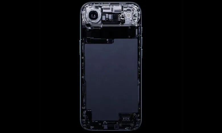 iPhone internal components: battery, camera, and motherboard are visible in a cutaway view against a black background.