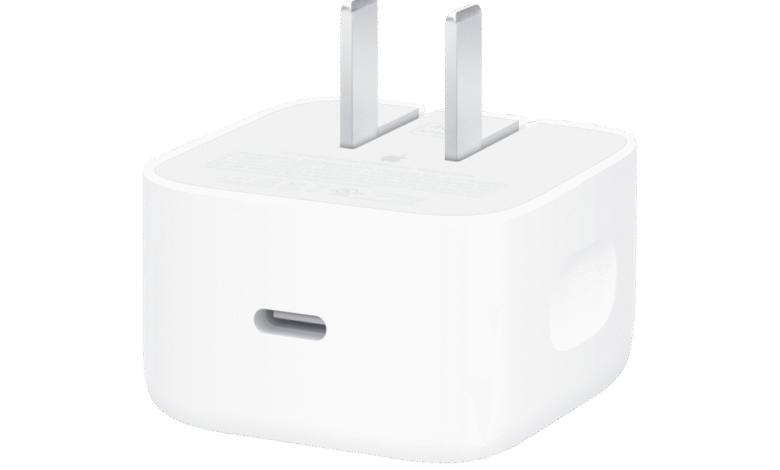 White Apple 40W USB-C Power Adapter with two prongs.