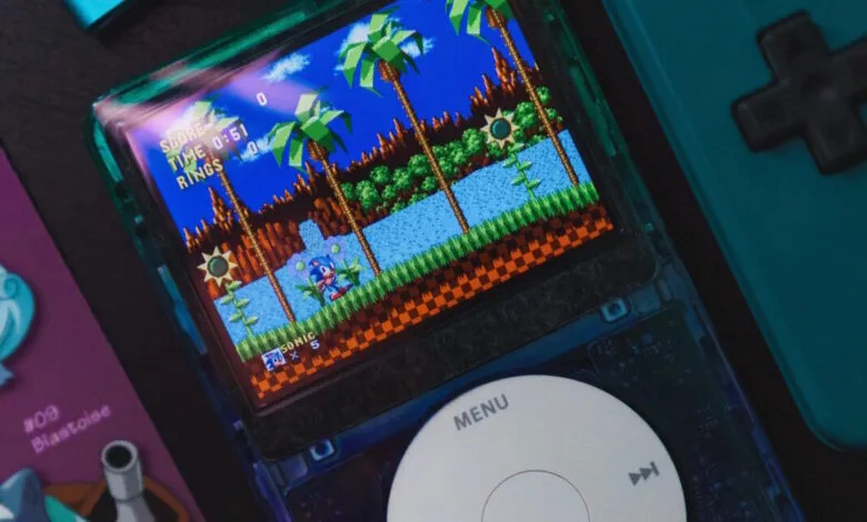 Sonic the Hedgehog game displayed on a modified iPod Classic.