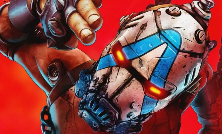 Close-up of a weathered, futuristic helmet with blue and red accents, set against a bold red background.