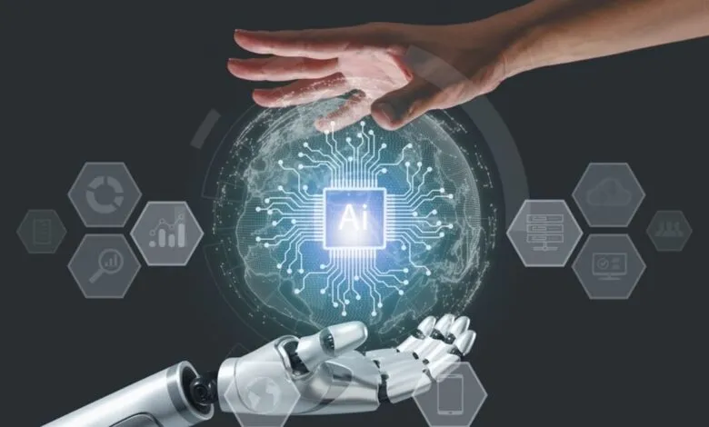 Human and robotic hands cradling a glowing AI-powered globe, symbolizing global AI collaboration.