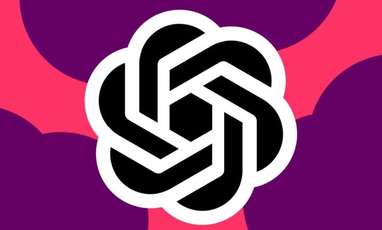 Abstract black and white logo design on a purple and pink background.