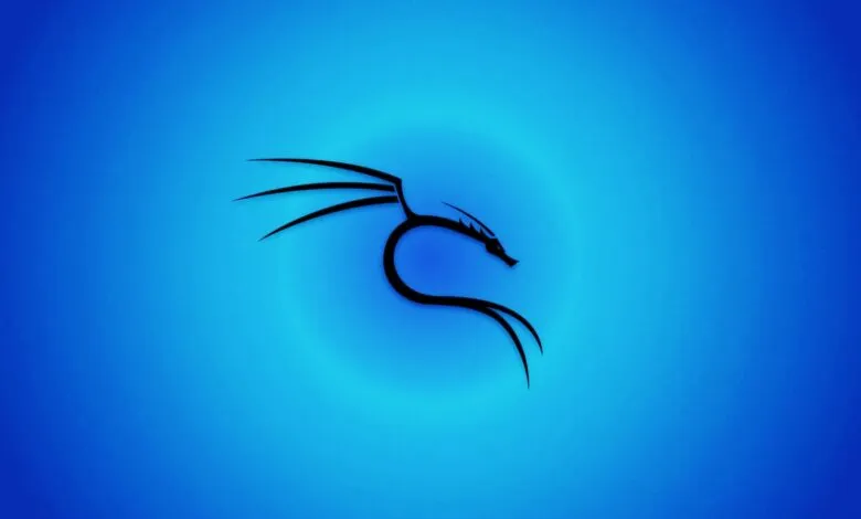 Black Kali Linux dragon logo on a blue gradient background.