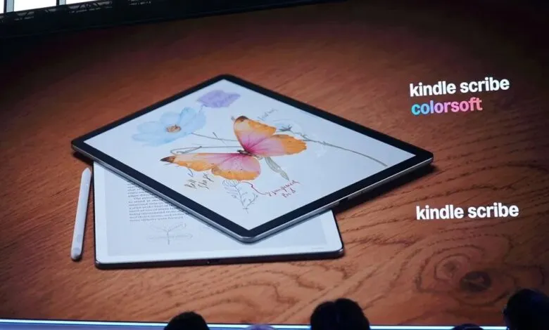Amazon Kindle Scribe with stylus displaying a colorful butterfly and flower drawing.