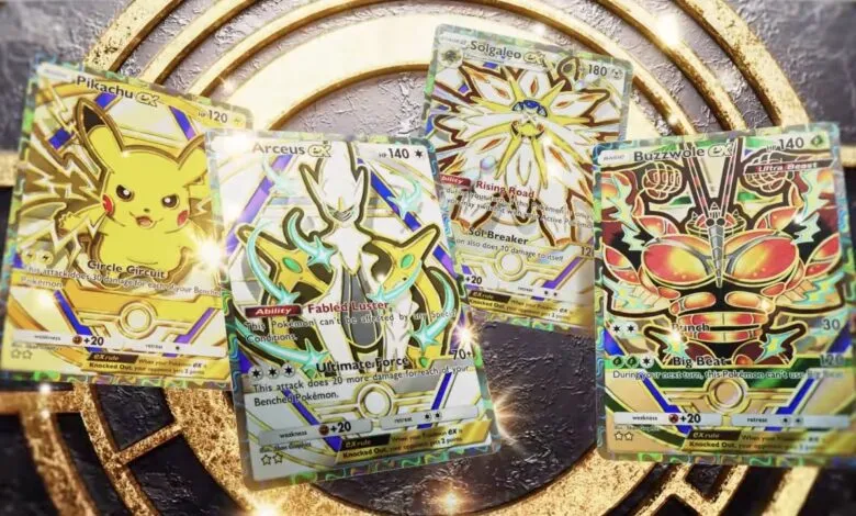 Four rare, gold-accented Pokemon EX trading cards arranged on a textured, golden background.
