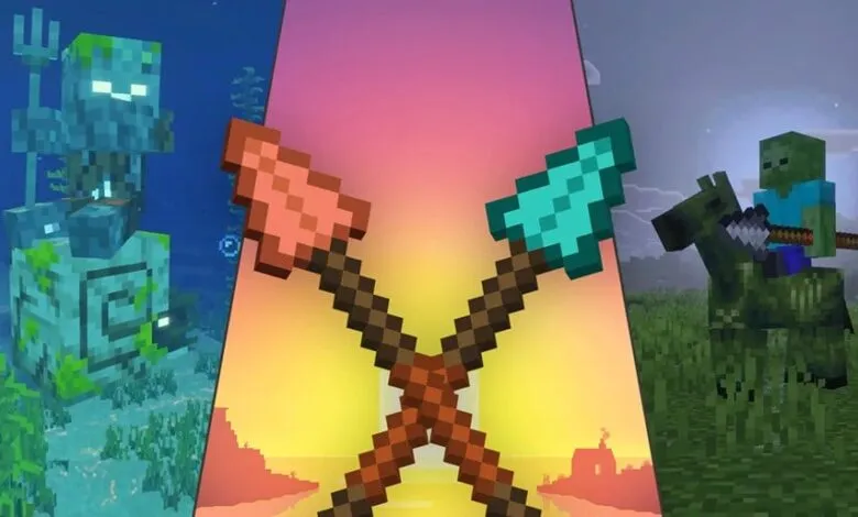Minecraft trident weapons crossed over a sunset, with a drowned mob and a zombie on a horse.