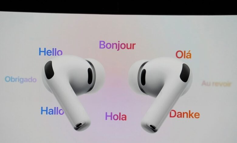 Pair of white Apple AirPods Pro displayed on screen with multilingual greetings.