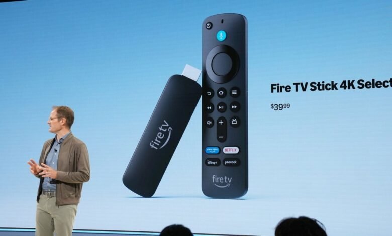 Man presenting Amazon Fire TV Stick 4K Select with remote on screen