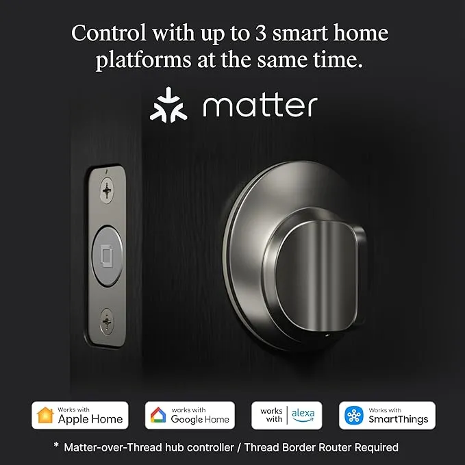 Smart lock compatible with Apple Home, Google Home, Alexa, and SmartThings, offering multi-platform control.