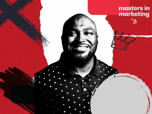 Portrait of Lindsey Gamble, a marketing expert, against a bold red and black graphic background. He's smiling and wearing a polka dot shirt.