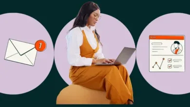 Woman working on laptop with icons for email and profile analytics