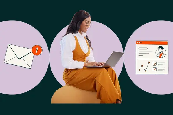 Woman working on laptop with icons for email and profile analytics