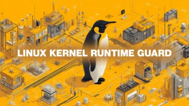 Illustration of Linux Kernel Runtime Guard: A large penguin stands amidst a detailed isometric cityscape representing the system's architecture.