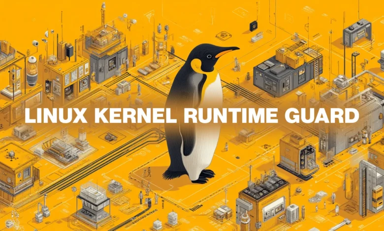 Illustration of Linux Kernel Runtime Guard: A large penguin stands amidst a detailed isometric cityscape representing the system's architecture.