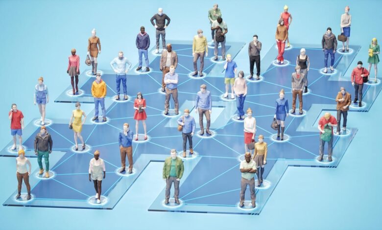 A network of diverse 3D people figures connected by lines on a blue background.