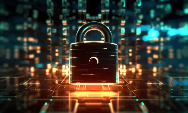 Cybersecurity concept: A glowing padlock sits on a circuit board, symbolizing digital data protection.