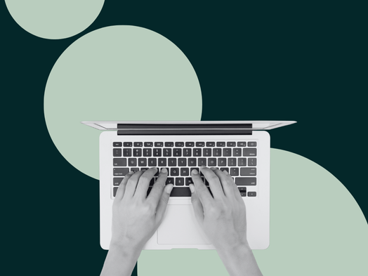 Overhead view of hands typing on a laptop keyboard, set against a dark teal background with pale green circles.
