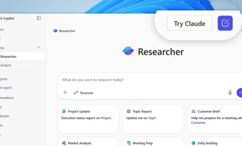 Microsoft 365 Copilot's Researcher tool displays a clean interface for generating reports, briefs, and updates.