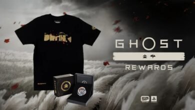 Ghost of Tsushima rewards: black t-shirt, collector's box, and pin.