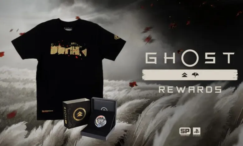 Ghost of Tsushima rewards: black t-shirt, collector's box, and pin.