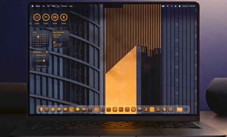 macOS laptop displaying a customized desktop with a city skyline wallpaper, widgets showing calendar, weather, and reminders, and a dark theme.
