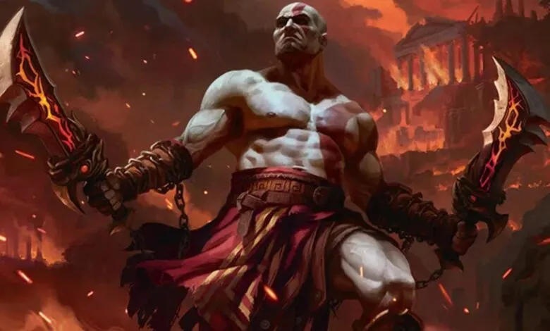 Kratos from God of War holding his Blades of Chaos in a fiery landscape.