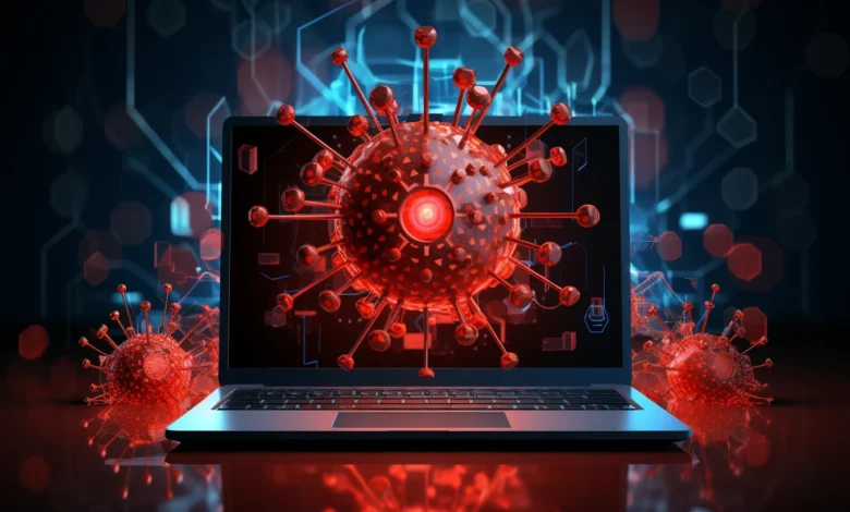 Laptop screen displays a large red virus; smaller viruses surround the laptop. Cybersecurity threat concept.