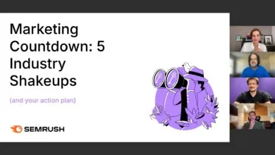 Webinar slide: Marketing Countdown: 5 Industry Shakeups. Illustration of person with binoculars, plus four video conference participants.