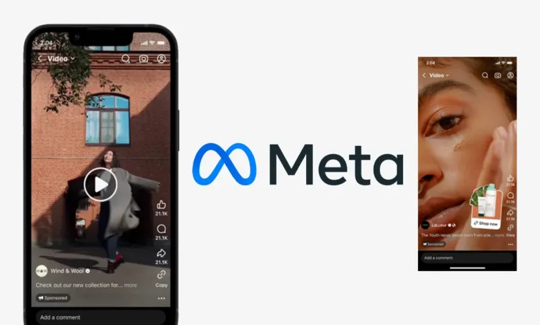 Meta logo next to phone screens showing video ads for fashion and skincare.