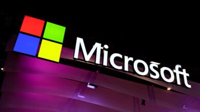 Microsoft logo illuminated at Mobile World Congress Barcelona 2025.